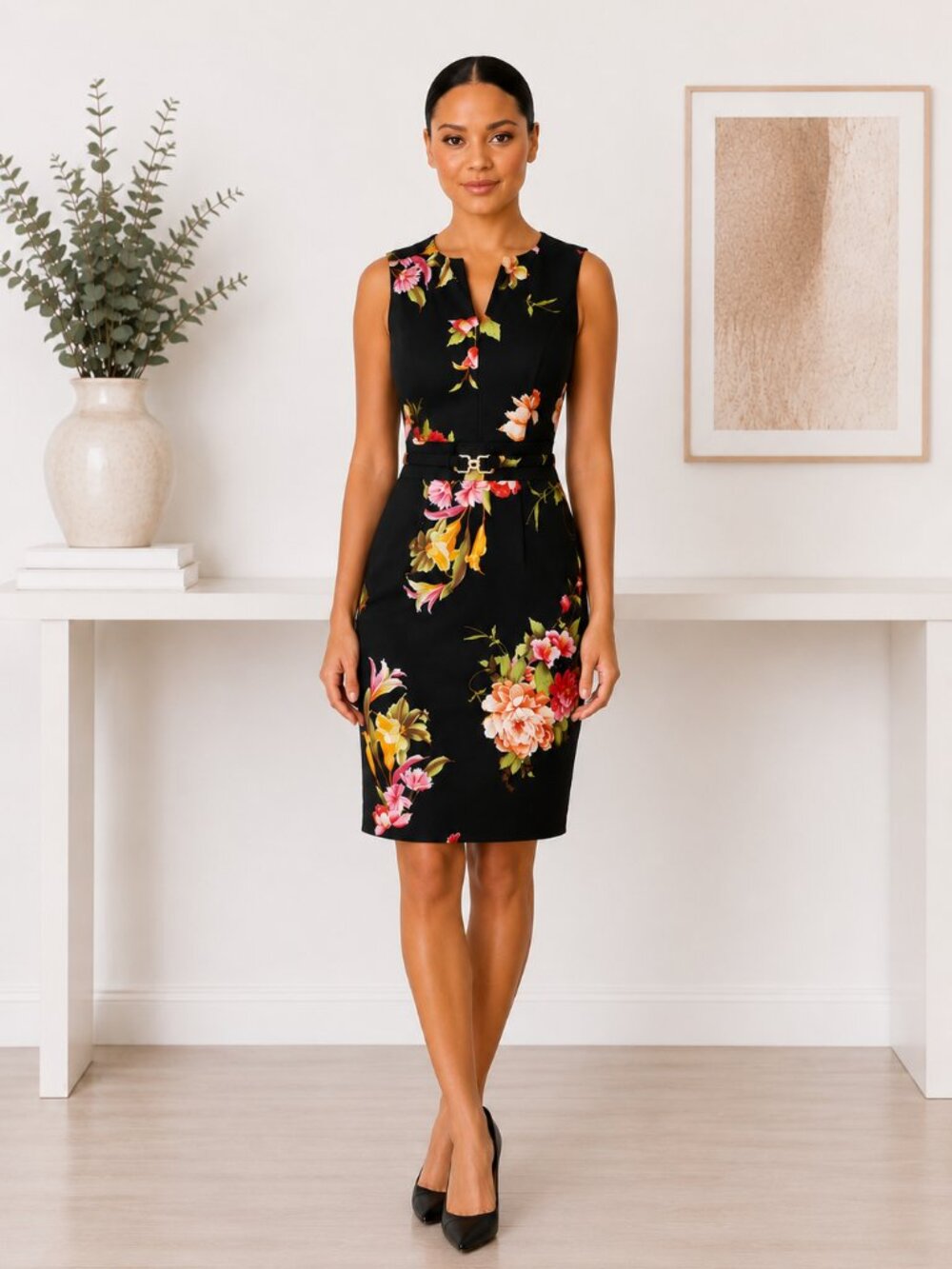 Madison Grey Floral Sheath Dress Black Notch Split V Neckline Belted Size 4 NWT